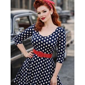 Lapis Skater Dress Large Navy Blue Polka Dots 3/4 Sleeve Rockabilly Retro Preppy